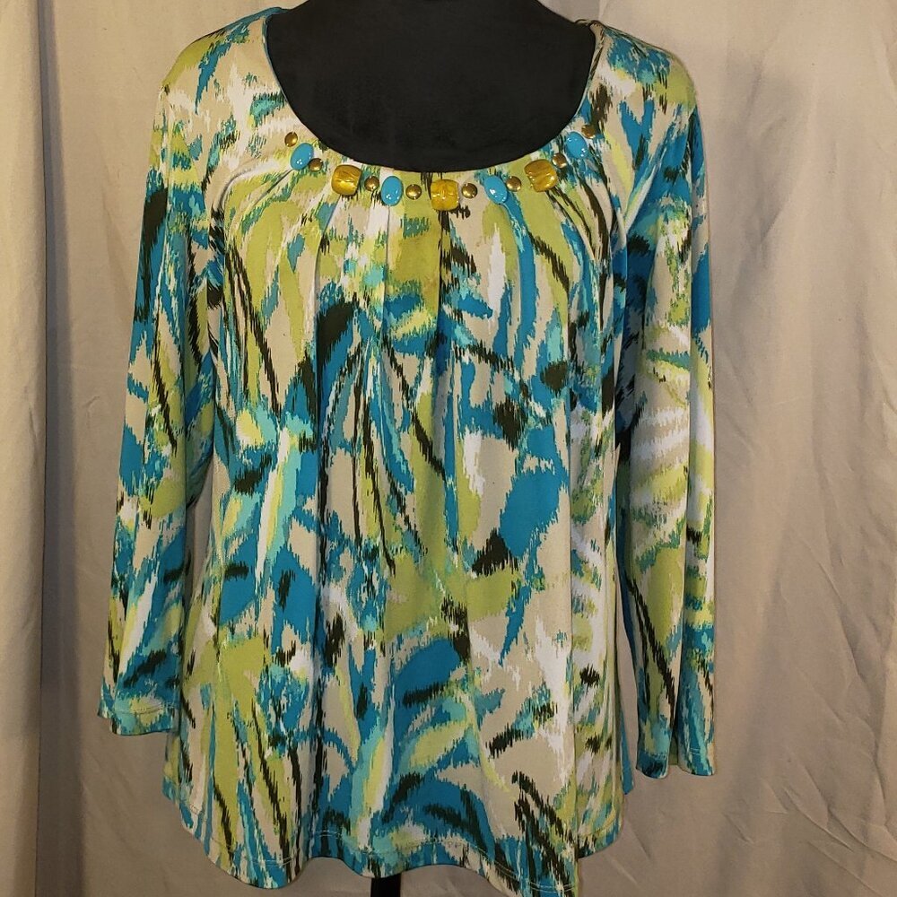 Ruby Rd. Women's Size L Green & Blue Abstract Print Blouse